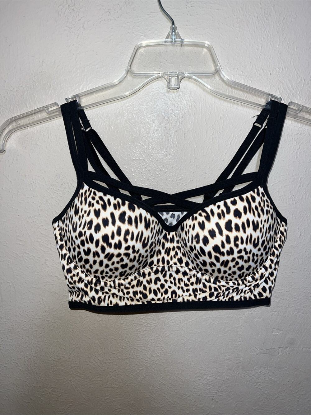 PINK Victoria's Secret Leopard Print Strappy Cage Front Bralette Large L Padded